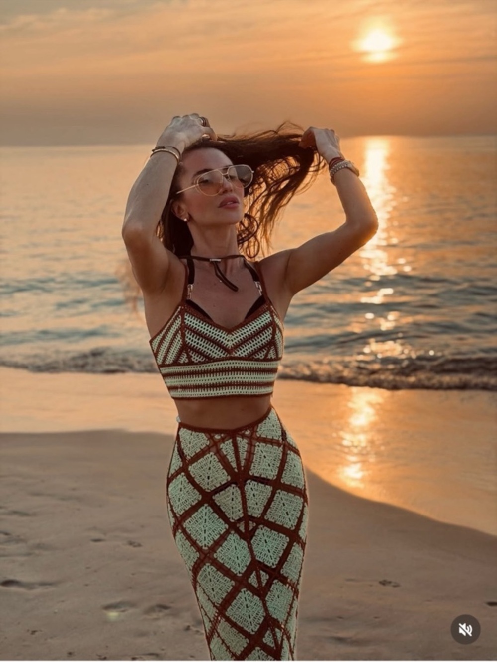 ZARA CROCHET SKIRT SET , COORD SET, green brown